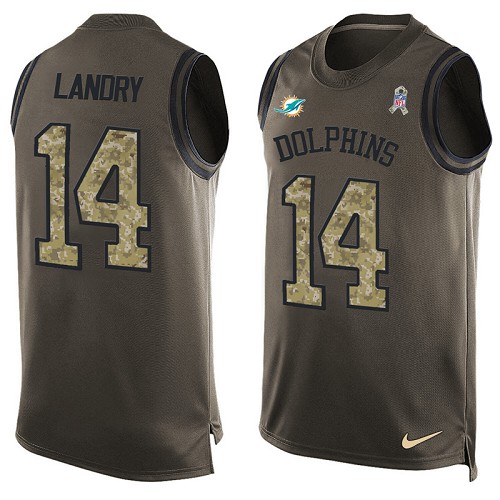 Men's Limited Jarvis Landry Nike Jersey Green - #14 Salute to Service Tank Top NFL Miami Dolphins